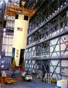 The first stage of the Saturn V for the Apollo 8 mission is lifted in the Vehicle Assembly Building on  Feb. 1, 1968. (Photo credit: NASA)